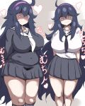  2girls @_@ absurdres ahoge alternate_breast_size alternate_costume arms_behind_back artyom bangs belly black_hair black_shirt black_skirt blush breasts closed_mouth commentary_request covered_navel curvy hair_between_eyes hairband heart hex_maniac_(pokemon) highres kneehighs knees large_breasts long_hair multiple_girls neckerchief pleated_skirt plump pokemon pokemon_(game) pokemon_xy purple_eyes purple_hairband school_uniform shirt skirt socks translation_request white_shirt 
