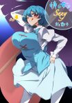  1girl bangs blue_hair blue_skirt blue_vest breasts highres holding holding_umbrella juliet_sleeves large_breasts long_sleeves one_eye_closed pandain puffy_sleeves red_eyes shirt short_hair skirt solo tatara_kogasa tongue touhou umbrella vest white_shirt 