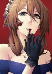  1girl black_gloves blood blood_on_face blue_dress brown_hair bullet dress evening_gown flower girls&#039;_frontline gloves green_eyes hair_bun hair_flower hair_ornament hair_rings hand_up highres holding holding_bullet lipstick long_hair makeup nakiusagi official_alternate_costume sidelocks springfield_(girls&#039;_frontline) springfield_(queen_in_radiance)_(girls&#039;_frontline) upper_body 