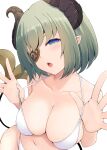  1girl :o absurdres bangs bare_arms bare_shoulders bikini blue_eyes breasts cleavage collarbone eyepatch green_hair head_tilt highres honey_strap horns large_breasts lifted_by_self navel one_eye_covered open_mouth pointy_ears sekishiro_mico short_hair solo strap_lift swimsuit temari_rin upper_body virtual_youtuber white_bikini 