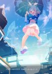  &gt;_o 1girl arona_(blue_archive) blue_archive blue_eyes blue_hair blue_panties blue_shirt blue_sky blue_umbrella bow braid building cloud commentary_request crop_top day desk highres holding holding_umbrella long_sleeves midriff multicolored_hair navel nishi_yasuaki one_eye_closed open_mouth panties pink_hair pleated_skirt puffy_long_sleeves puffy_sleeves sailor_collar school_desk shirt shoe_soles shoes single_braid skirt sky solo two-tone_hair umbrella underwear wavy_mouth white_bow white_footwear white_sailor_collar white_skirt window 