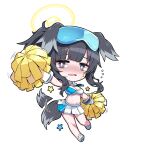  1girl animal_ears b.t._(boob_tong) bangs black_hair blue_archive blush breasts cheerleader chibi dog_ears dog_girl dog_tail flying_sweatdrops goggles goggles_on_head hair_ornament halo hibiki_(blue_archive) hibiki_(cheerleader)_(blue_archive) highres holding holding_pom_poms looking_at_viewer midriff miniskirt navel nose_blush official_alternate_costume open_mouth pleated_skirt pom_pom_(cheerleading) ponytail shirt shoes simple_background skirt sleeveless sneakers solo standing star_(symbol) star_hair_ornament sticker_on_face sweat tail tail_wagging white_skirt yellow_halo 