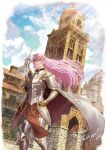  armor blue_sky building cape cloud commission day gauntlets knight long_hair looking_at_viewer outdoors panmijin99 pink_hair skeb_commission sky thank_you 