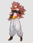  1girl android_21 blue_eyes breasts cleavage closed_mouth dragon_ball dragon_ball_fighterz earrings full_body hair_between_eyes hoop_earrings jewelry kemachiku long_hair looking_at_viewer majin_android_21 medium_breasts midriff navel pants red_hair solo standing white_pants 