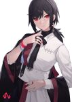  1girl bangs black_hair blouse breasts coat cross earrings eyebrows_hidden_by_hair hair_between_eyes highres jewelry long_hair looking_at_viewer nail_polish necktie original ponytail red_eyes ring seelean shirt simple_background solo watch white_background 