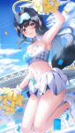 1girl absurdres animal_ears arm_up bangs bare_shoulders black_eyes black_hair black_panties blue_archive blue_sky blush breasts cheerleader cleavage closed_mouth cloud cosplay cowboy_shot crop_top extra_ears halo hibiki_(blue_archive) hibiki_(blue_archive)_(cosplay) highres holding holding_pom_poms jumping large_breasts li_se long_hair looking_at_viewer midriff miniskirt navel outdoors panties pantyshot pom_pom_(cheerleading) ponytail short_hair simple_background skirt sky sleeveless solo stadium standing star_(symbol) stomach underwear white_background white_skirt 