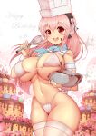  1girl :d arm_garter bangs bikini bowl breasts cake chef_hat cowboy_shot fanbox_username food food_on_face happy_birthday hat headphones holding holding_bowl holding_whisk large_breasts long_hair looking_at_viewer macaron mixing_bowl navel nitroplus pink_hair red_eyes skirt smile solo super_sonico swimsuit teeth thighhighs underboob upper_teeth virus-g whisk white_bikini 