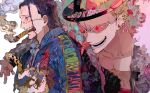  2boys absurdres alternate_costume arm_around_shoulder black_hair black_headwear blonde_hair cigar coat coat_on_shoulders crocodile_(one_piece) donquixote_doflamingo ear_piercing earrings from_side fur_coat hair_slicked_back hair_strand hat highres hook hook_hand jewelry long_sleeves male_focus multiple_boys official_alternate_costume one_piece open_clothes open_mouth open_shirt patterned patterned_clothing piercing pink_coat red_eyewear rotated short_hair smile smoke smoking sunglasses tongue tongue_out tongue_piercing yadu_nadu 