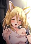  1girl absurdres animal_ears blonde_hair blush breasts clothes_lift collarbone commentary_request covered_nipples fox_ears fox_shadow_puppet hair_between_eyes heart highres kamunika kudamaki_tsukasa medium_breasts open_mouth oral_invitation revision romper saliva short_hair skindentation solo tongue tongue_out touhou upper_body uvula white_romper yellow_eyes 