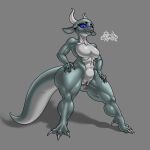  abs absurd_res anthro big_tail breasts claws clitoris digital_drawing_(artwork) digital_media_(artwork) eyebrows eyelashes female genitals green_body green_skin grey_body grey_skin hand_on_butt hand_on_leg hi_res horn huge_tail kobold long_ears long_horn long_tail looking_at_viewer multicolored_body multicolored_skin muscular muscular_female nude open_mouth pink_pussy purple_sclera pussy rashchaos scalie shadow sharp_claws signature smile smiling_at_viewer standing teeth thick_tail thick_thighs toe_claws white_body white_skin wide_hips 