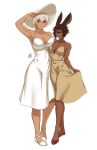  2girls :/ ;) airisubaka animal_ears arm_up armpits artist_name avatar_(ff14) bangs bare_arms bare_shoulders breasts brown_dress brown_footwear brown_hair cleavage collarbone commentary copyright_request dark-skinned_female dark_skin dress english_commentary facial_mark final_fantasy final_fantasy_xiv forehead_mark full_body glasses hair_between_eyes hat highres large_breasts looking_at_viewer multiple_girls one_eye_closed parted_bangs purple_eyes rabbit_ears shoes short_hair signature simple_background skirt_hold sleeveless sleeveless_dress smile spaghetti_strap standing sun_hat sundress toned whisker_markings white_background white_dress white_footwear white_hair 