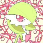  1girl bangs bob_cut colored_skin commentary_request flat_chest gardevoir green_hair green_skin hair_over_one_eye highres looking_at_viewer multicolored_skin no_mouth one_eye_covered outline pokemon pokemon_(creature) red_eyes short_hair solo standing two-tone_skin upper_body white_skin yuri_(pixiv_76483886) 