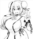  1girl bandaged_arm bandages breasts bun_cover double_bun flower food hair_bun highres himajin_noizu ibaraki_kasen large_breasts looking_at_viewer monochrome open_mouth rose short_hair simple_background solo tabard touhou v 