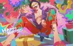  1boy :d alternate_costume arm_on_knee bird blonde_hair coat coat_on_shoulders colorful donquixote_doflamingo earrings flamingo fur_coat gift hand_up happy_birthday hat highres jewelry m_legs male_focus multiple_rings official_alternate_costume one_piece open_clothes open_shirt orange_eyewear pants piercing purple_shirt qin_(7833198) red_pants ring sandals shirt short_hair sitting skull_and_crossbones smile solo sunglasses tongue tongue_out tongue_piercing 