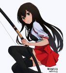  1girl akagi_(kancolle) black_hair black_thighhighs bow_(weapon) brown_eyes dated feet_out_of_frame hakama hakama_short_skirt hakama_skirt holding holding_bow_(weapon) holding_weapon japanese_clothes kangoku_kou kantai_collection long_hair muneate one-hour_drawing_challenge red_skirt simple_background sitting skirt solo straight_hair tasuki thighhighs twitter_username weapon white_background 