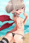  1girl ahoge ass back bangs bare_shoulders beach bikini blush breasts commentary_request covered_nipples demon_wings fang from_behind grey_hair hair_between_eyes highres looking_at_viewer looking_back makaino_ririmu micro_bikini nijisanji no_horn ocean one_side_up open_mouth outdoors pointy_ears red_eyes red_wings sand shore short_hair side-tie_bikini_bottom sideboob sky small_breasts smile solo standing swimsuit thighhighs utsusumi_kio virtual_youtuber water wings 