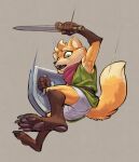 2022 anthro biped brown_body brown_fur canid canine claws clothing digital_media_(artwork) digitigrade elranno falling finger_claws fox fur green_eyes grey_background hi_res holding_object holding_shield holding_sword holding_weapon male mammal melee_weapon multicolored_body multicolored_fur orange_body orange_fur pawpads paws ruin_seeker scarf shield simple_background solo sword toe_claws tunic_(video_game) underwear weapon white_body white_fur 