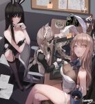  3girls absurdres animal_ears ashtray bare_shoulders black_hair black_thighhighs blue_eyes blush bow bowtie breasts brown_hair bulletin_board cat_ears cellphone chair cigarette cleavage crossed_legs cup detached_collar drawing_tablet highres looking_at_viewer maid_headdress monitor monster_energy multiple_girls open_mouth original phone playboy_bunny rabbit_ears rabbit_tail seorang sitting sunglasses tail thighhighs wrist_cuffs 