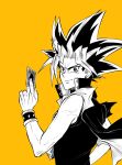  1boy card from_side holding holding_card jorongbak looking_at_viewer male_focus millennium_puzzle monochrome orange_background smile solo upper_body yami_yuugi yu-gi-oh! yu-gi-oh!_duel_monsters 