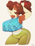  anthro big_breasts bottomwear breasts brown_hair clothing cricetid ear_piercing female hair hamster hi_res huge_breasts mammal nimzy noms_(nimzy) pants piercing rodent shirt simple_background solo topwear white_background 