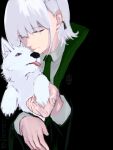  1girl alternate_costume animal bahuangdajiangjun bangs black_background black_jacket closed_eyes closed_mouth dog girls&#039;_frontline green_necktie holding holding_animal holding_dog jacket lips necktie rpk-16_(girls&#039;_frontline) shirt short_hair solo upper_body white_hair white_shirt white_wolf wolf 