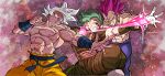  3boys abs aiming amartbee clenched_teeth closed_eyes dragon_ball dragon_ball_super fingerless_gloves frown gloves granolah_(dragon_ball) green_hair grey_eyes grey_hair highres male_focus multiple_boys muscular muscular_male purple_eyes purple_hair scar scar_on_arm serious son_goku sweatdrop teeth topless_male twitter_username ultra_ego_(dragon_ball) ultra_instinct vegeta white_gloves 