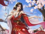  1girl artist_request bare_shoulders blue_sky brown_hair cherry_blossoms detached_collar dress hair_ornament hair_rings hand_fan holding holding_fan huo_linger_(wanmei_shijie) long_hair looking_at_viewer open_mouth outdoors red_dress sash second-party_source shiny shiny_hair sky solo streamers teeth tree upper_body upper_teeth wanmei_shijie 