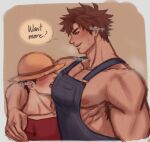  2boys alex_(stardew_valley) bara brown_hair drooling english_text farmer hat highres large_pectorals looking_at_another male_focus mitsu_qo multiple_boys muscular muscular_male nipples open_mouth overalls pectorals red_shirt saliva shirt short_hair stardew_valley steaming_body straw_hat twitter_username upper_body yaoi 