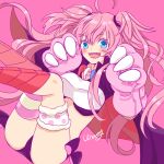  1girl :d absurdres ahoge animal_hands asymmetrical_legwear bangs black_bow black_panties blue_eyes blush bow crop_top fangs floating_hair gloves hair_between_eyes highres long_hair looking_at_viewer midriff milim_nava panties paw_gloves pink_background pink_gloves pink_hair shiny shiny_hair single_thighhigh sketch smile solo striped striped_thighhighs tensei_shitara_slime_datta_ken thigh_strap thighhighs underwear very_long_hair wata_miya_(shiro_momen) 