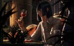  1girl alcohol bangs black_hair blurry blurry_background blurry_foreground chair collared_shirt cup depth_of_field drinking_glass food from_side guweiz hands_up highres holding holding_cup long_sleeves looking_away on_chair original plate profile shirt sitting solo table thick_eyebrows upper_body white_shirt wine wine_glass 