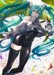  1girl :d aqua_eyes aqua_hair black_bodysuit black_gloves black_thighhighs bodysuit clothes_writing confetti covered_navel crop_top dutch_angle feet_out_of_frame flag gloves grin hatsune_miku high_collar highres holding holding_flag long_hair long_sleeves looking_at_viewer mille_(dieci) parted_lips racing_miku racing_miku_(2022) see-through single_thighhigh smile solo standing thighhighs twintails very_long_hair vocaloid 
