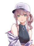  1girl absurdres aqua_eyes ar-57_(girls&#039;_frontline) bangs bare_shoulders baseball_cap black_shirt breasts commentary crop_top ear_piercing earrings girls&#039;_frontline hat highres jacket jacket_pull jewelry lithographica long_hair looking_at_viewer medium_breasts open_clothes open_jacket open_mouth piercing pink_hair shirt side_ponytail sidelocks solo teeth upper_body upper_teeth white_background white_headwear white_jacket 