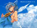  accessory blue_background blue_bow blue_clothing blue_dress blue_eyes blue_hair blue_hair_bow bow_(feature) bow_accessory bow_ribbon cirno clothed clothing cloud cloudscape dress fairy female flower hair hair_accessory hair_bow hair_ribbon humanoid humanoid_pointy_ears ice japanese_text looking_at_viewer mkybm plant ribbons simple_background sky smile solo sunflower tan_body tan_skin text touhou video_games 