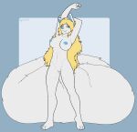  absurd_res anthro areola athletic athletic_female big_breasts blonde_hair blue_areola blue_eyes bonnie_(pazek) breasts canid canine canis domestic_dog feet female fur genitals hair hi_res huge_tail husky long_hair looking_at_viewer mammal nordic_sled_dog nude one_eye_closed pazek pussy simple_background smile solo spitz stretching white_body white_fur 