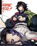  1boy 1girl anger_vein ass black_hair blue_eyes blush butterfly_hair_ornament closed_mouth demon_slayer_uniform distracted english_text hair_ornament hetero highres japanese_clothes kimetsu_no_yaiba kimono kochou_shinobu looking_back multicolored_hair pants playing_games purple_eyes purple_hair sitting skirt smile sweatdrop therealsketchyartist tomioka_giyuu top-down_bottom-up two-tone_hair video_game 