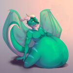  abdominal_bulge absurd_res anthro belly big_belly bloated blue_eyes bodily_fluids cum cum_inflation cum_inside dragon fucked_silly genital_fluids green_body hi_res horn hyper hyper_belly inflation kneeling leaking_cum male narrowed_eyes scalie solo spots stuffing tanzmitmir western_dragon wings 