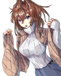  1girl alternate_costume alternate_eye_color breasts brown_hair brown_shawl highres kantai_collection large_breasts long_hair long_sleeves messy_hair purple_eyes shawl sheffield_(kancolle) simple_background solo sweater tonke turtleneck turtleneck_sweater white_background white_sweater 