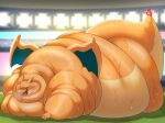  2022 ambiguous_gender belly big_belly bodily_fluids breath charizard feral generation_1_pokemon hi_res immobile membrane_(anatomy) membranous_wings morbidly_obese morbidly_obese_ambiguous morbidly_obese_feral nintendo obese obese_ambiguous obese_feral on_ground overweight overweight_ambiguous overweight_feral panting pokemon pokemon_(species) senakun0530 solo sweat video_games wings 