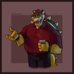  4_fingers anthro arm_hair belt beverage black_bottomwear black_clothing black_pants body_hair bottomwear bowser casual_clothing claws clothed clothing coffee coffee_cup collar collared_shirt container cup doekawaii eyebrows fingers fully_clothed hair hi_res horn koopa male mario_bros middle_aged multicolored_hair nintendo open_mouth open_smile pants red_clothing red_eyes red_hair red_shirt red_topwear scalie shaded shell shirt simple_background smile solo spiked_collar spiked_shell spikes spikes_(anatomy) steam thick_eyebrows three-quarter_view topwear two_tone_hair video_games white_claws white_hair wrinkles yellow_body 