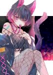  1girl 2022 absurdres animal_ears bangs bare_shoulders belt black_hair cat_ears cat_girl cat_tail clothes_in_mouth fishnet_pantyhose fishnets hair_between_eyes highres indie_virtual_youtuber kitasenju_chihiro knees_up light_purple_hair looking_at_viewer multicolored_hair necon1 open_mouth pantyhose purple_eyes sitting solo tail virtual_youtuber 