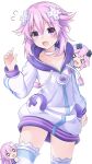  1girl :d blush character_doll choker cowboy_shot d-pad d-pad_hair_ornament giga-tera hair_ornament hand_up hood hooded_jacket jacket long_sleeves looking_at_viewer medium_hair nepgear neptune_(neptune_series) neptune_(series) purple_eyes purple_hair simple_background smile solo thighhighs usb white_background white_choker zipper_pull_tab 