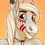 anthro digital_media_(artwork) equid equine eyebrows hair horse jenery jewelry looking_at_viewer mammal markings necklace simple_background smile teeth tribal tribal_markings tristan_(wasen) white_body white_hair yellow_eyes 