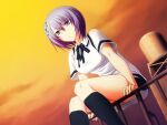  1girl bangs black_ribbon black_socks closed_mouth collared_shirt crown dusk from_below game_cg hair_between_eyes hair_ornament kawagishi_keitarou kawakami_academy_uniform kneehighs maji_de_watashi_ni_koi_shinasai! miniskirt neck_ribbon purple_eyes purple_hair ribbon shiina_miyako shirt short_hair short_sleeves sitting skirt socks solo sweater sweater_vest white_shirt white_skirt white_sweater wing_collar 