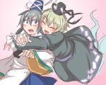  2girls :d black_headwear blue_eyes blue_headwear blue_skirt blush closed_eyes dress ghost_tail grey_hair hat hug japanese_clothes kariginu kuroba_rapid long_sleeves looking_at_viewer mononobe_no_futo multiple_girls ofuda ofuda_on_clothes open_mouth simple_background skirt smile soga_no_tojiko sweatdrop tate_eboshi touhou white_background wide_sleeves 