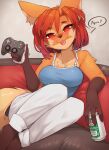  2022 4_fingers absurd_res alcohol anthro barefoot beer beverage beverage_can blep blush breasts brown_body brown_fur canid canine claws clothed clothing controller countershading cushion digital_media_(artwork) feet female female_anthro finger_claws fingers fur furniture game_controller gloves_(marking) hair hi_res holding_object kemono looking_at_viewer mammal maned_wolf markings microsoft multicolored_body multicolored_fur orange_body orange_fur red_eyes red_hair sofa solo tan_body tan_fur tongue tongue_out video_games xbox xbox_controller xbox_game_studios yellowparrottw 