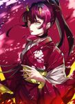  1girl angry brown_hair commentary high_ponytail highres horns itaru_(kidomh63) japanese_clothes kimono long_hair looking_at_viewer official_alternate_costume oni oni_horns open_mouth red_background red_kimono ribbon sash sidelocks solo suzuka_(housamo) tokyo_afterschool_summoners upper_body yellow_eyes yellow_horns yellow_ribbon yellow_sash 