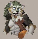  5_fingers abs anthro biceps big_muscles blue_eyes brown_body brown_fur canid canine canis cheek_tuft claws countershading disembodied_hand ear_piercing ear_ring elranno facial_tuft fingers fur fur_markings green_body green_fur hi_res link_(wolf_form) male mammal markings muscular muscular_anthro muscular_male neck_tuft nintendo pec_grasp pecs piercing ring_piercing simple_background the_legend_of_zelda tuft twilight_princess video_games white_body white_fur wolf 