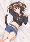  1girl animal_ears arm_up bangs barefoot bed_sheet belt black_hoodie blue_shorts brown_eyes brown_hair cat_ears cat_tail closed_mouth collarbone commentary_request hair_ribbon hairband highres hood hoodie long_sleeves looking_at_viewer lying medium_hair navel on_back paw_pose ribbon short_shorts shorts solo suzumiya_haruhi suzumiya_haruhi_no_yuuutsu taiki_(6240taiki) tail white_belt yellow_hairband yellow_ribbon 