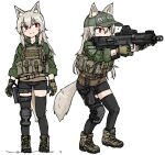  1girl 2022 aiming animal_ear_fluff animal_ears ash-12.7_(girls&#039;_frontline) assault_rifle bangs closed_mouth dutchko escape_from_tarkov fox_ears fox_tail full_body gloves grey_hair gun hair_between_eyes hat highres holding holding_gun holding_weapon long_sleeves military multiple_views red_eyes rifle shoes shorts smile solo standing tail thighhighs weapon 