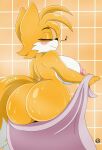  anthro bangs big_breasts big_butt big_nipples blush breasts butt canid canine crossgender curvy_figure dipstick_tail eyes_closed female fluffy fluffy_tail fox hi_res huge_butt mammal markings miles_prower multi_tail musical_note nipples nr_ac sega shower smile solo sonic_the_hedgehog_(series) tail_markings tiled_background towel voluptuous wet wide_hips yellow_body 